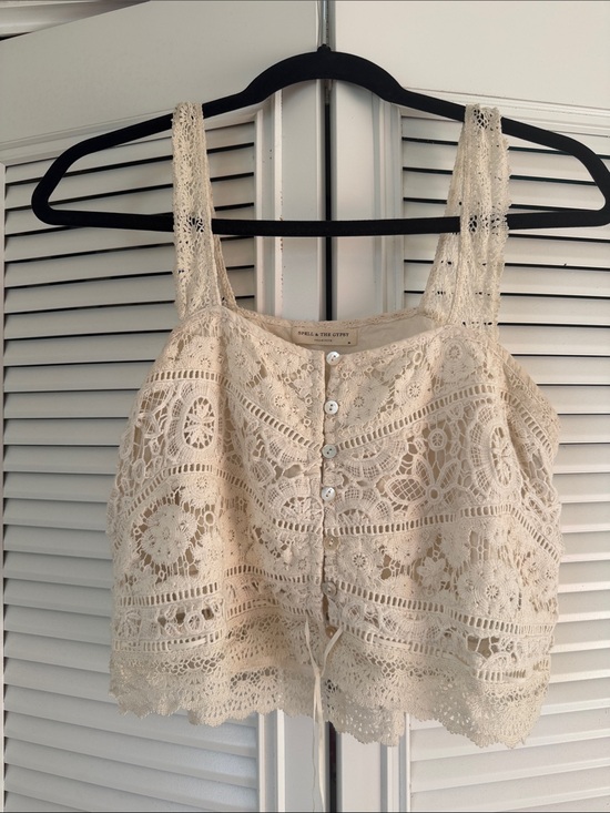 Spell Tops - Spell Ivory Crochet Button-Front Crop Cami